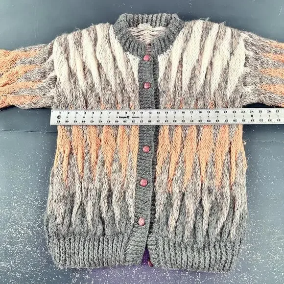 VTG 100% Mohair Cardigan Sweater Orange Gray White Button Front Handmade Chunky - Picture 7 of 10